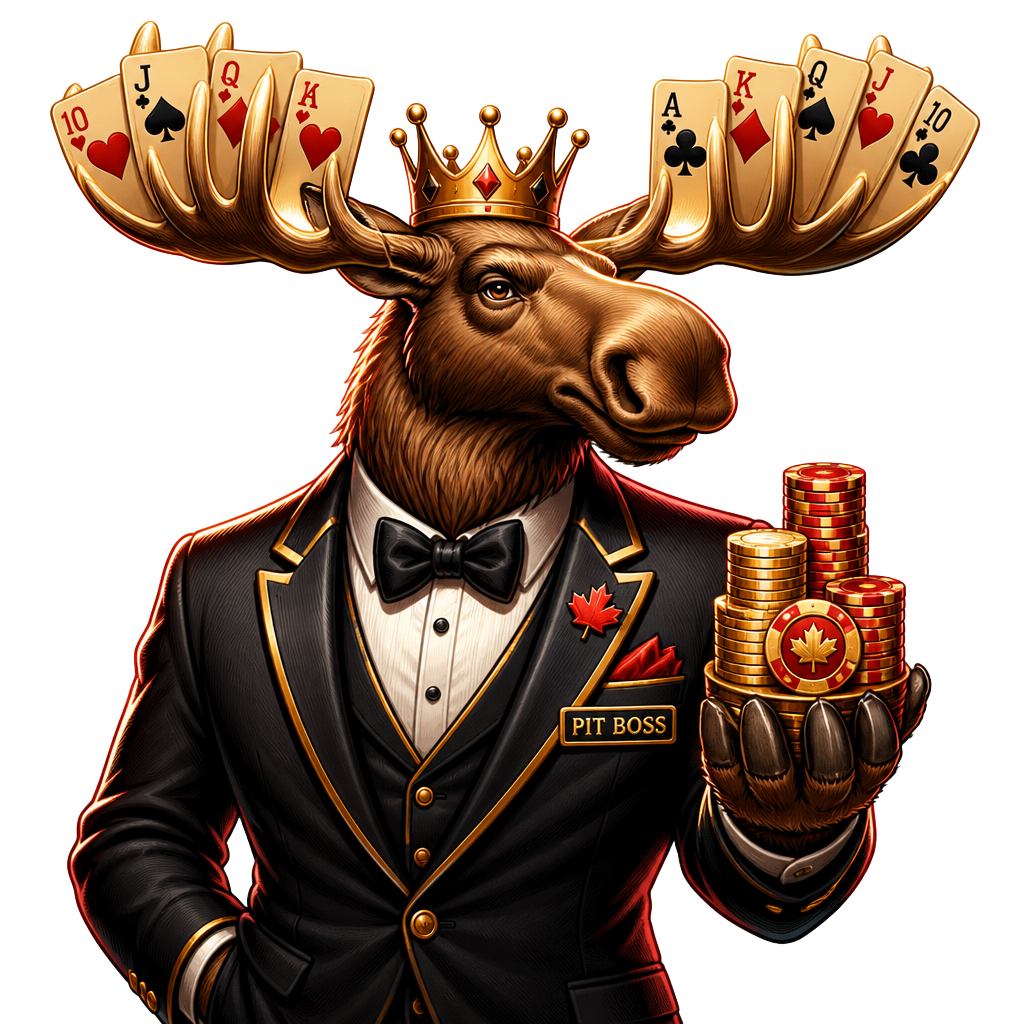 RealCasino's moose pit boss in a tuxedo holding a stack of gold poker chips